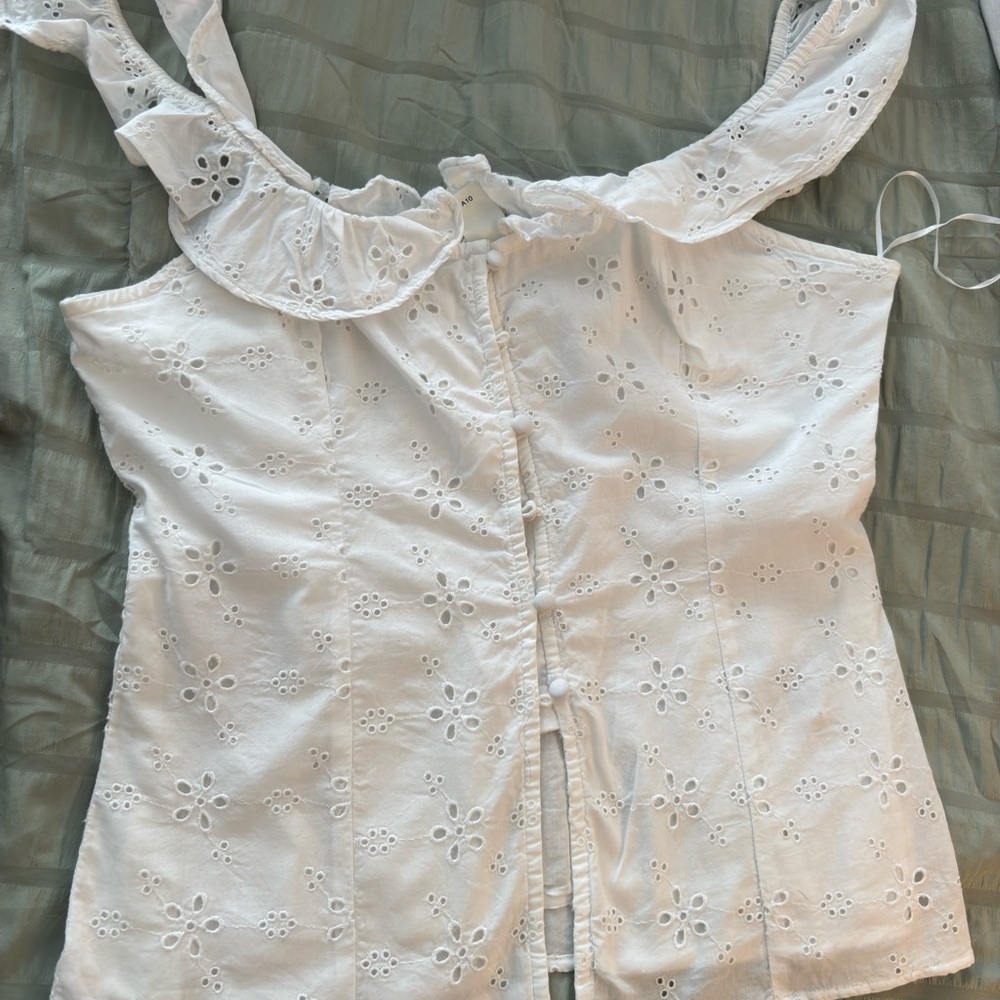 Elegant White Eyelet Blouse with Ruffle